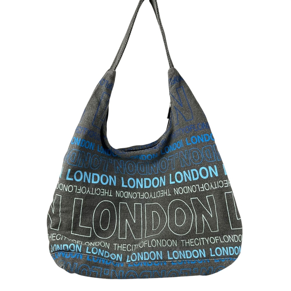 Robin‎ Ruth London Canvas Hobo Bag Gray Blue Typographic Print Shoulder Bag